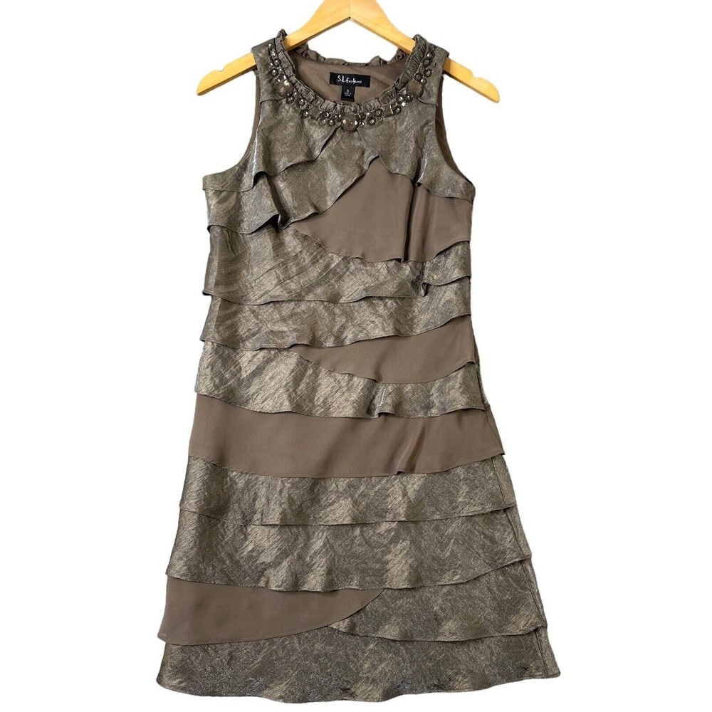 S.L.Fashions Dress Womens Champagne Brown Layered Size 6 Sleeveless Knee Length